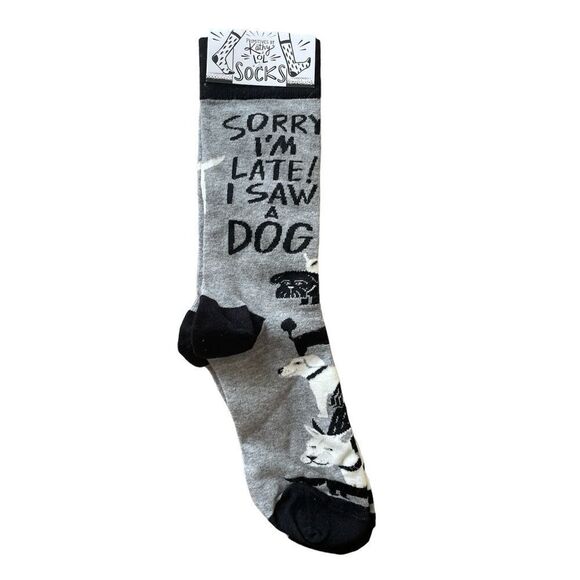 Primitives by Kathy LOL socks “ sorry I’m late I saw a dog” grey black socks - Picture 1 of 6